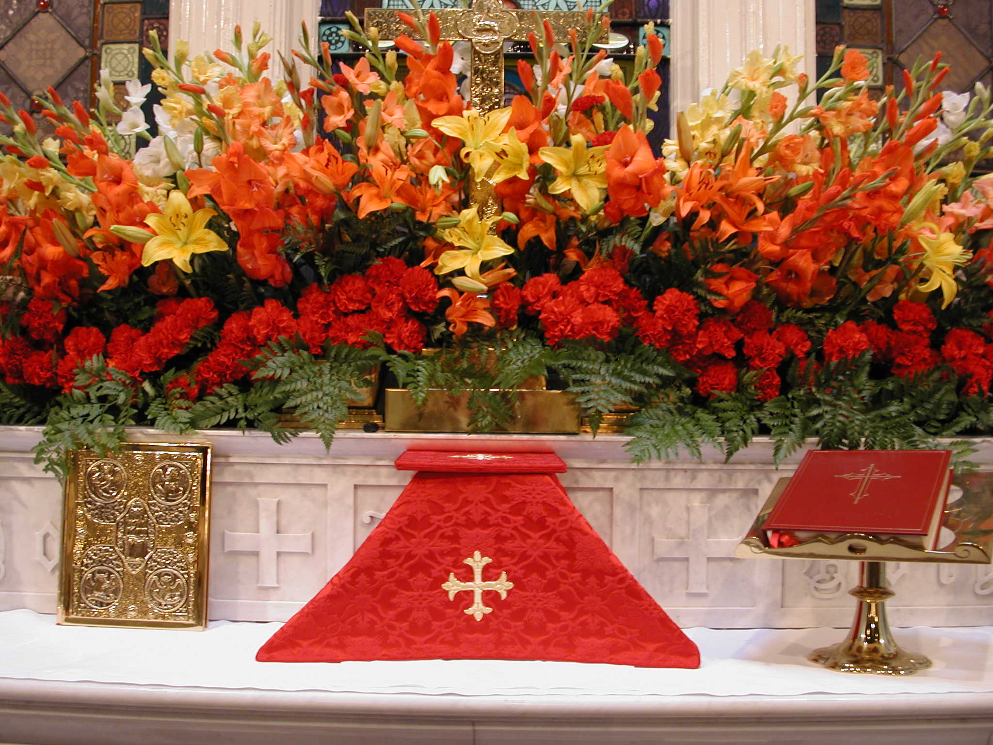 Altar flowers at Pentecost